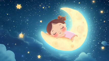 Kids lullaby cartoon sleeping on moon

