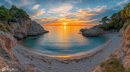 A panoramic view of a secluded cove at sunset, with calm waters reflecting the fiery sky and golden sand stretching towards the horizon.