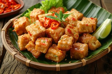 Fototapeta premium Tahu tempe. Indonesian traditional food made with soy bean well known as tahu or tempe