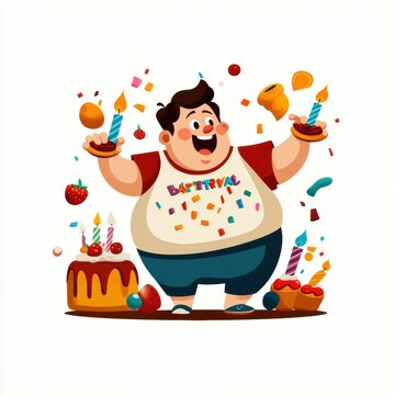 A joyful character celebrates with treats and confetti, showcasing the delight of a fun birthday party atmosphere.