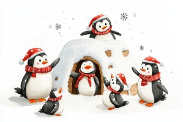 Naklejka premium a playful merry christmas banner with a group of adorable penguins in festive scarves, building a snow fort and playing in the snow.