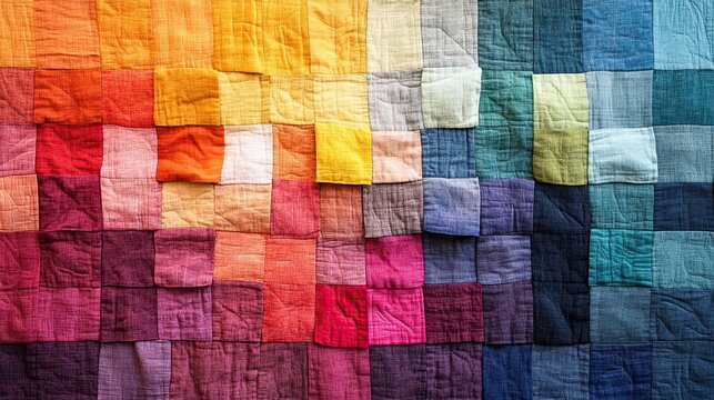 A colorful patchwork quilt with a sun-bleached gradient, creating a warm and inviting feel.