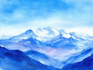 Fototapeta premium Serene Watercolor Mountain Landscape - Tranquil Blue Hues.