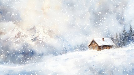 Cozy Cabin in Winter Wonderland Watercolor Painting.