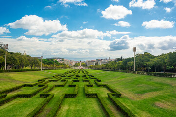 Eduardo VII Park in Lisbon city, Portugal. View on Tagus river and Marquis of Pombal square from...