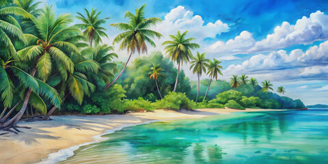 Watercolor painting of a tropical paradise with vibrant blue water, lush green palm trees, and a sandy beach , watercolor