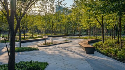 Curving Benches and Pathways in a Sun-Dappled Forest