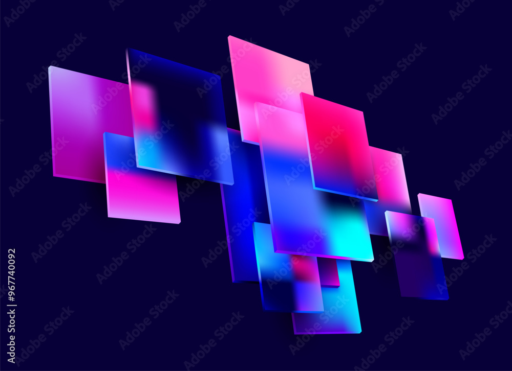 Poster 3d color squares and rectangles in glass morphism style. transparent frame for text with geometric s