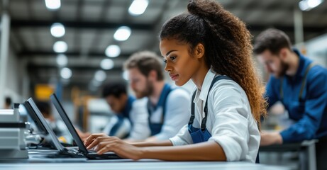 Black woman doctor sitting at desk in modern hospital office using computer