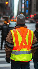 Naklejka premium A person wearing safety vest stands confidently while directing pedestrians in busy urban environment. vibrant colors of vest contrast with city backdrop, ensuring visibility and safety