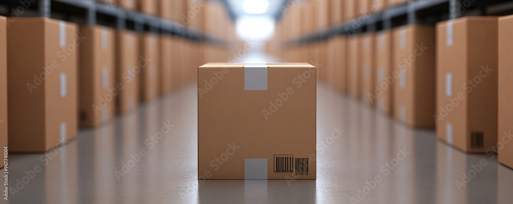 Poster a single cardboard box stands out in a vast warehouse filled with stacked boxes, representing shippi