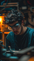 Fototapeta premium A person wearing safety goggles while operating power tool, focused and engaged in their work. environment is dimly lit, highlighting intensity of task at hand