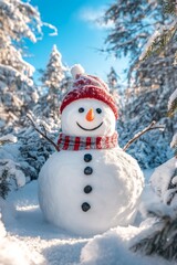 a smiling snowman in a winter wonderland, surrounded by snow-covered trees and a bright blue sky