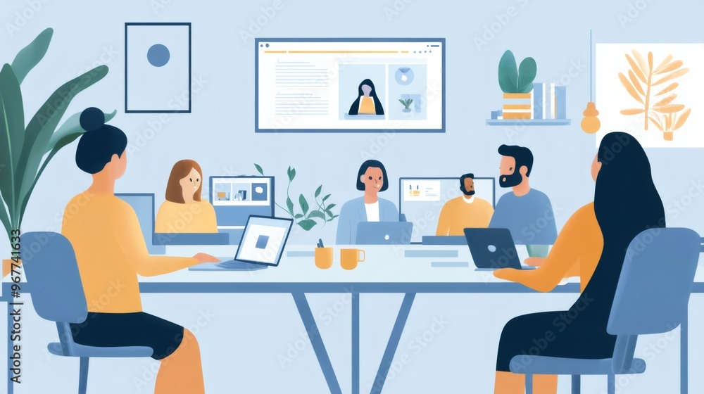 Poster diverse group of people working on laptops and computers in an office space with blue and yellow col