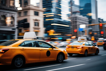 Obraz premium A taxi blurred in motion on a city street, conveying the dynamics and rhythm of city life in an urban landscape