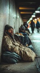 Fototapeta premium A man resting against wall in dimly lit urban shelter, surrounded by others seeking warmth and safety. scene captures struggle and resilience of homeless individuals