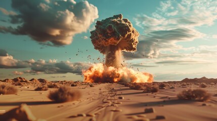 Desert landscape with large smoke and fire explosion. A dramatic scene suitable for illustrating environmental disasters, wildfires, or emergency situations.