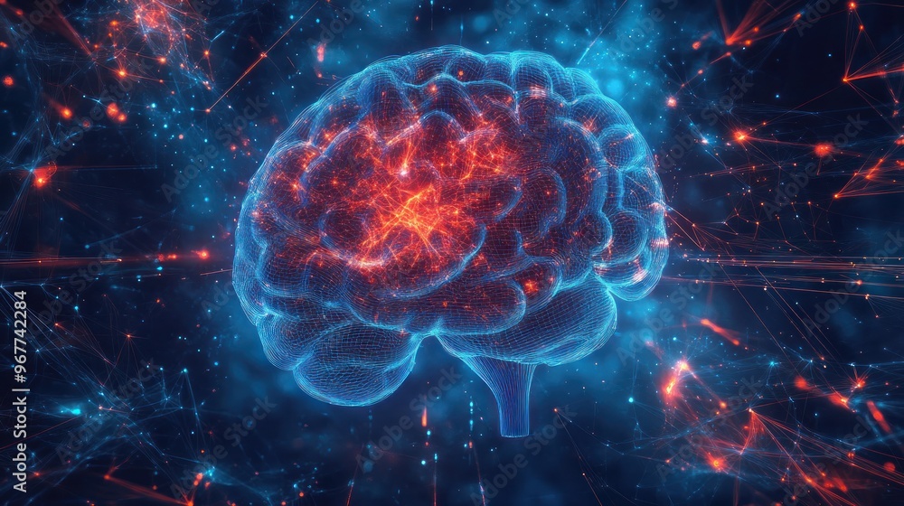Poster digital futuristic design of human head brain with artificial intelligence technology future thinkin