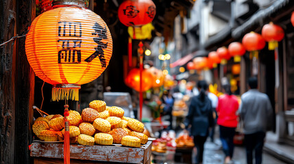 Vibrant street scene with red lanterns and traditional pastries in an alley, showcasing a lively...