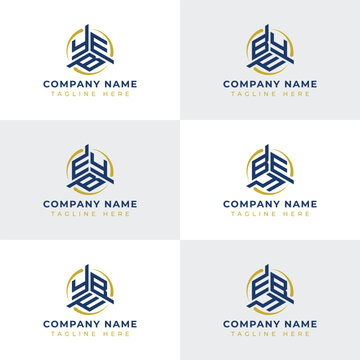 Letters YBE, YEB, BYE, BEY, EYB, EBY Hexagonal Technology Logo Set. Suitable for any business