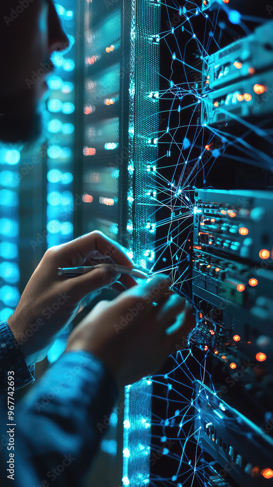 Poster a technician analyzing computer network diagram, surrounded by glowing server racks and intricate co