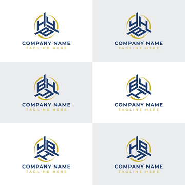 Letters YBH, YHB, BYH, BHY, HYB, HBY Hexagonal Technology Logo Set. Suitable for any business