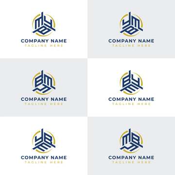 Letters YBM, YMB, BYM, BMY, MYB, MBY Hexagonal Technology Logo Set. Suitable for any business