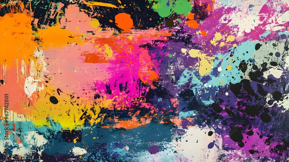 Poster vibrant multicolored abstract art composition with expressive brushstrokes and splashes