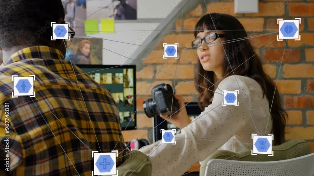 Aufkleber animation of network of connections with icons over diverse colleagues with camera