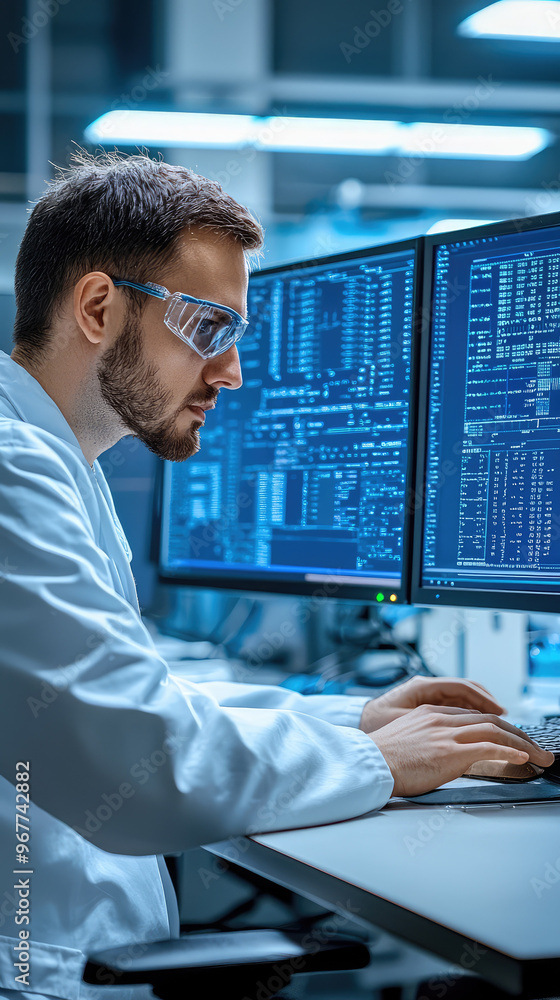 Poster a technician analyzing data on computer screen, focused and engaged in his work. environment is mode