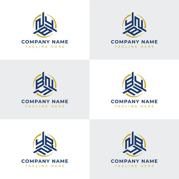 Letters YBN, YNB, BYN, BNY, NYB, NBY Hexagonal Technology Logo Set. Suitable for any business