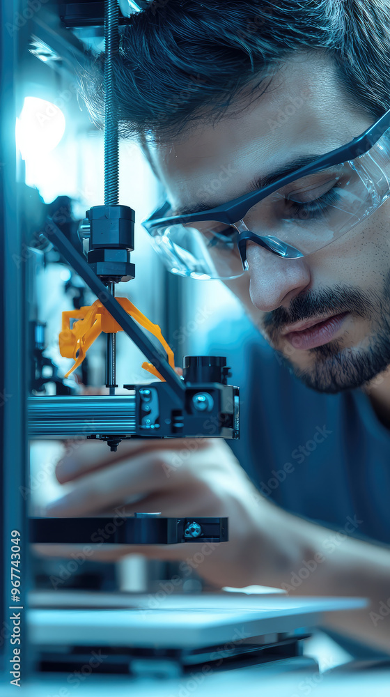 Poster a technician calibrating 3d printer in lab, focused on precision and detail. environment is modern a
