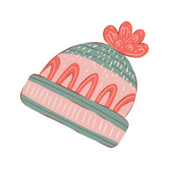 Warm Winter hand drawn Hat with ornaments. Cute Christmas Holiday Isolated stickers