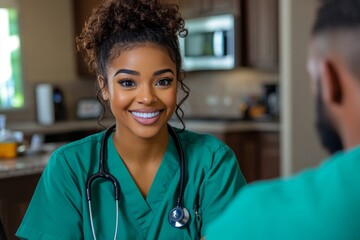 A home health worker providing emotional support, listening and talking with a patient, easing feelings of loneliness or anxiety