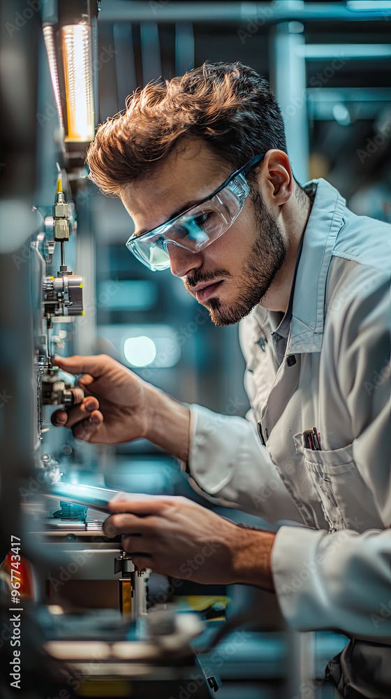 Poster a technician demonstrating how to use new device, focused and precise in modern laboratory setting. 