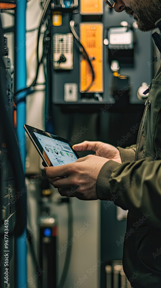 Poster A technician demonstrating how to use new device while interacting with tablet in technical environment. focus is on device and technicians expertise
