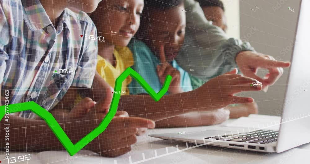 Aufkleber animation of data processing over diverse schoolchildren using laptop
