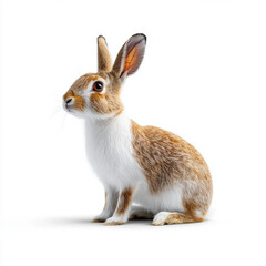 Obraz premium Side profile of a brown and white rabbit, sitting attentively, isolated on a white background with a calm demeanor.