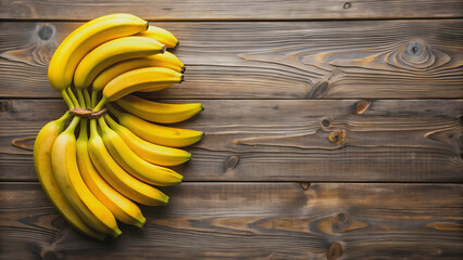 Bananas arranged neatly on a wooden table , fruit, healthy, organic, tropical, yellow, ripe, diet, nutrition, delicious