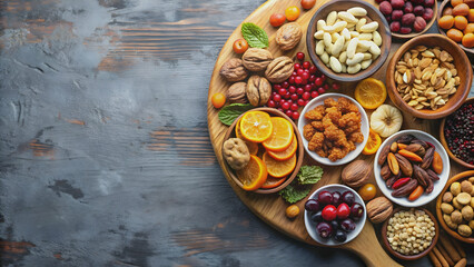 Fototapeta premium Assorted nuts and dried fruits board for healthy snacking , nuts, dried fruits, healthy, snack, assortment, mix, variety