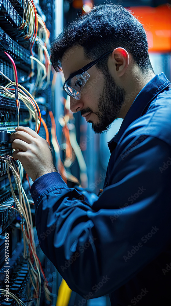 Poster a technician installing network cable in server room, focused on task at hand. environment is filled