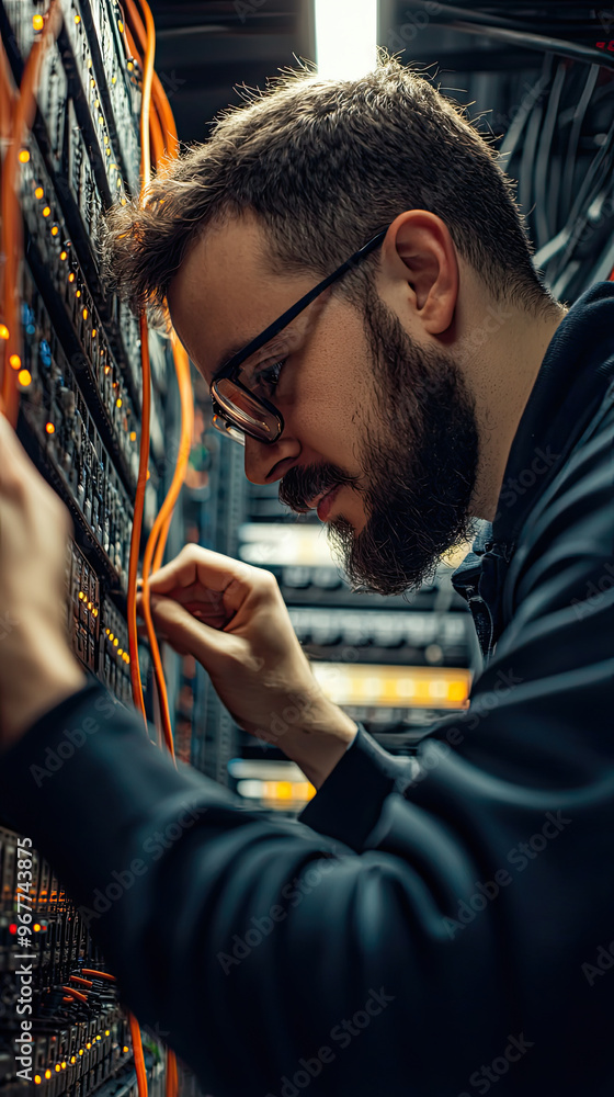 Poster a technician is focused on installing network cable in server room, surrounded by rows of servers an