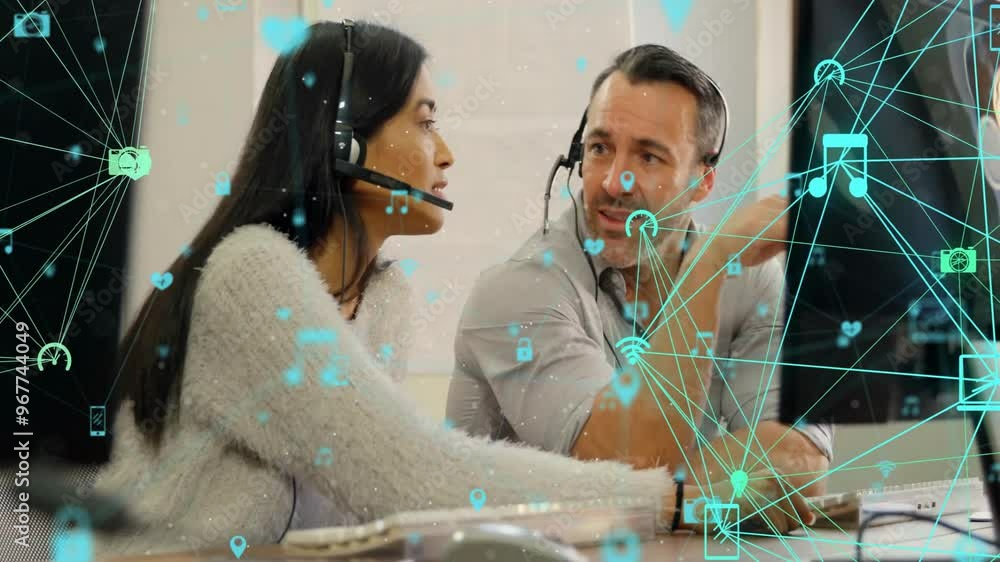 Aufkleber animation of network of connections with icons over diverse colleagues using phone headsets
