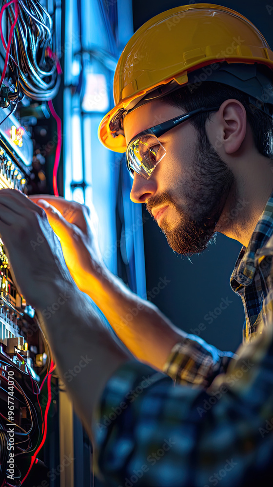 Poster a technician installing new software application with focus and precision, wearing safety helmet and