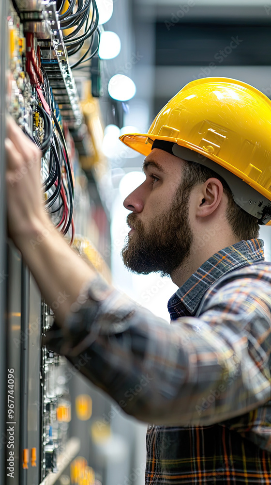 Poster a technician is focused on installing new software application while wearing yellow hard hat in mode