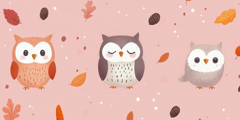 Seamless Kawaii Animal Pattern with Autumn Leaves on Pink Background