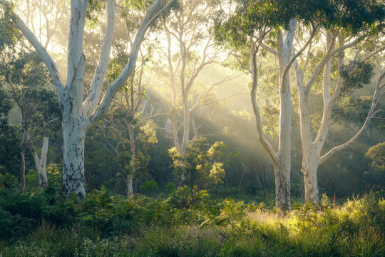 Gum Trees and shrubs in the Australian bush forest. Gumtrees and native plants growing in Australia in spring.