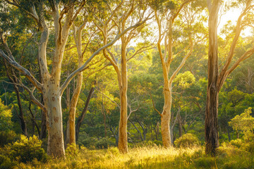 Gum Trees and shrubs in the Australian bush forest. Gumtrees and native plants growing in Australia in spring.