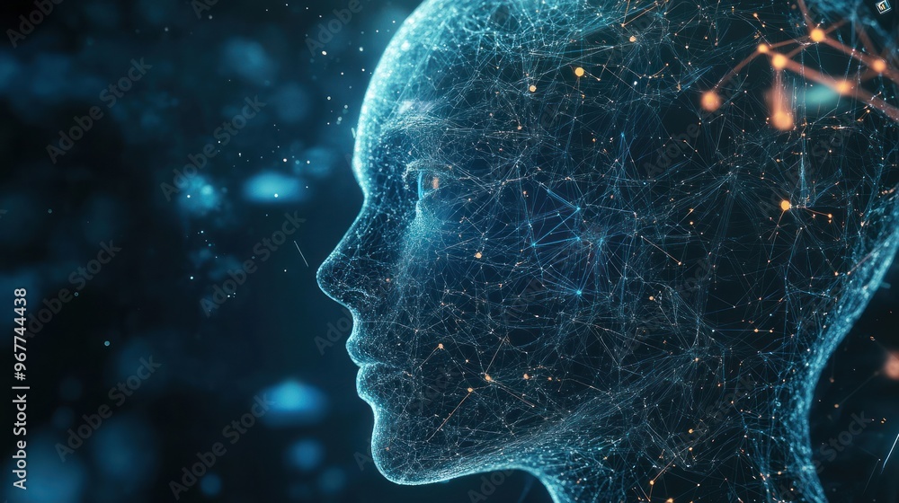 Poster digital futuristic design of human head brain with artificial intelligence technology future thinkin