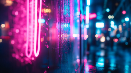 Vibrant neon lights reflecting on a rainy city street during nighttime